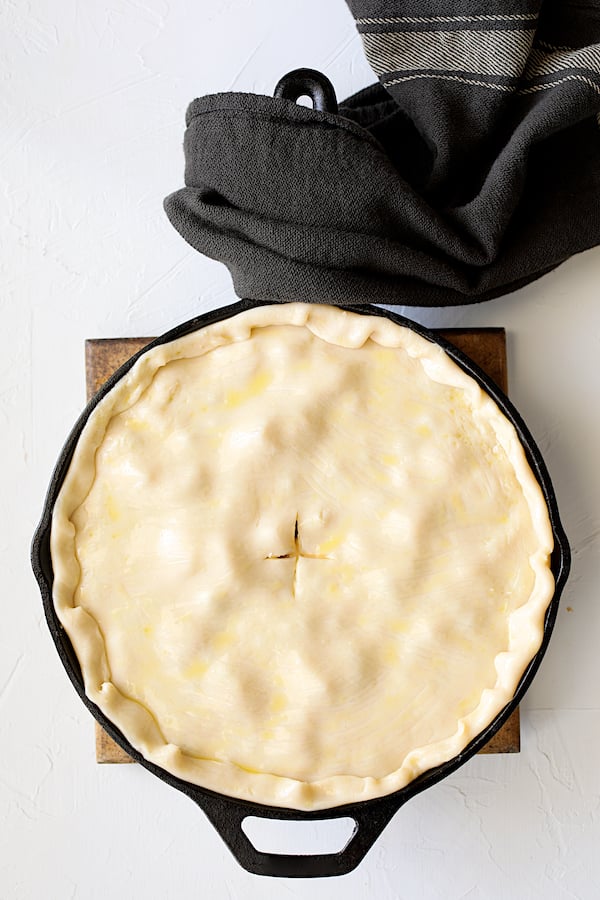Photo of the pot pie with pastry placed over the filling.