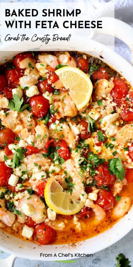 Pinterest graphic for Baked Shrimp with Feta Cheese showing it in a round white baking dish.