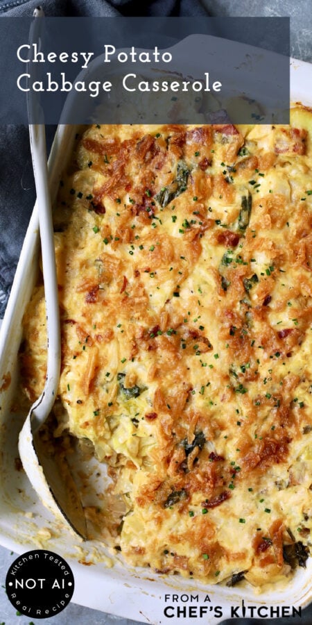 Pinterest graphic for Cheesy Potato Cabbage Casserole showing it in a white rectangular baking dish with white serving spoon with a piece missing.