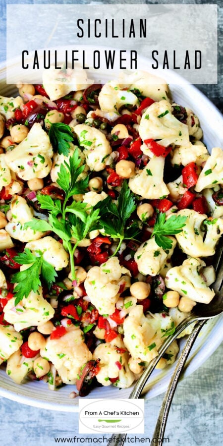 Pinterest graphic for Sicilian Cauliflower Salad showing it in a white bowl.