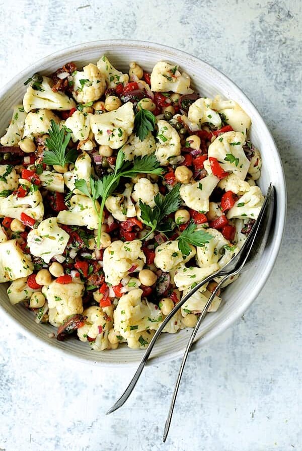Sicilian Cauliflower Salad - Overhead shot of salad with serving utensils