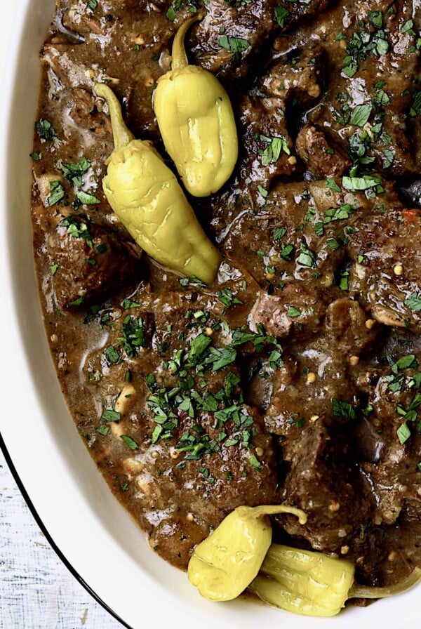 Mississippi-Style Boneless Short Ribs Without Packaged Mixes - Overhead close-up shot on white platter