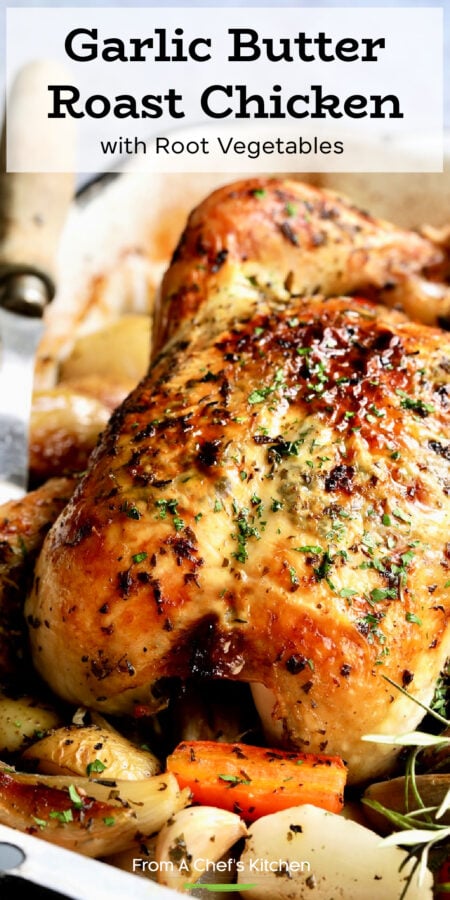Pinterest graphic for Garlic Herb Butter Roast Chicken with Roast Vegetables.