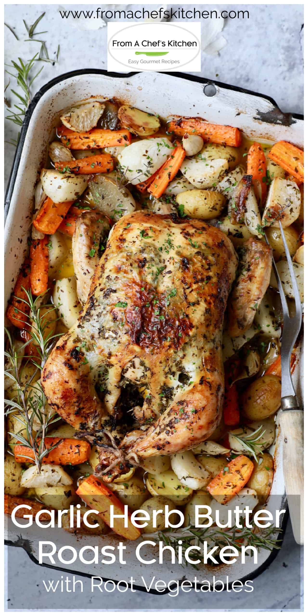 Garlic Herb Butter Roast Chicken Recipe with Root Vegetables