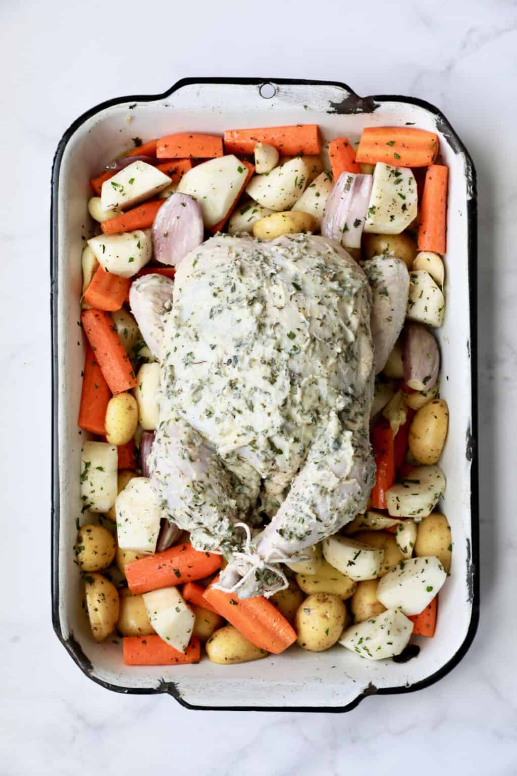 Garlic Herb Butter Roast Chicken Recipe with Root Vegetables