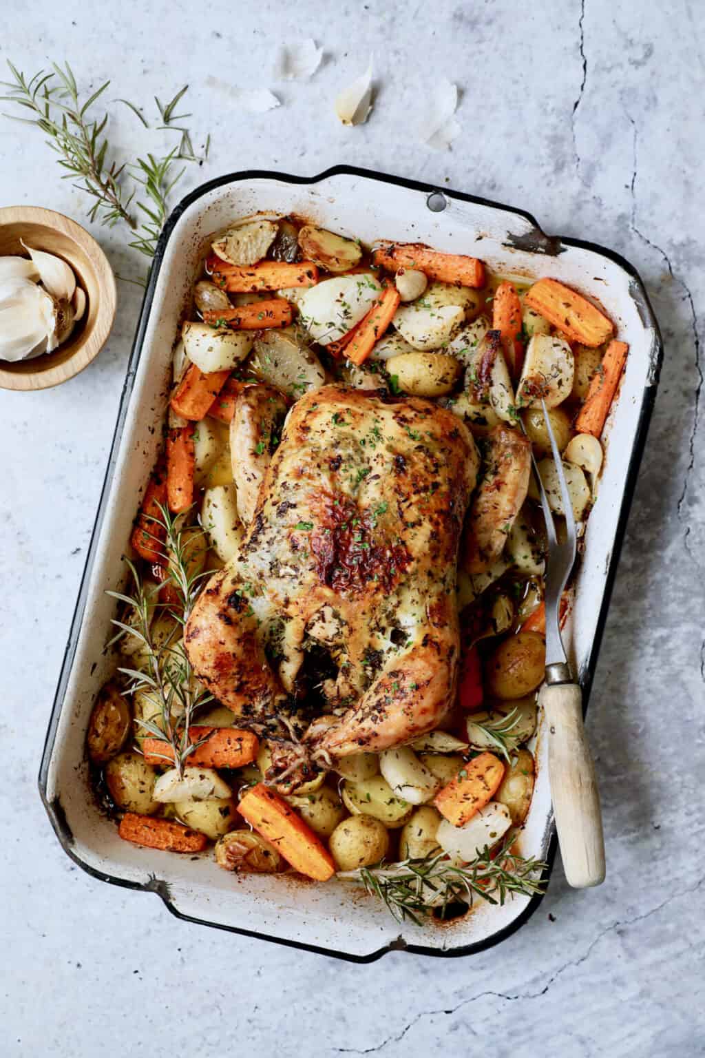 Garlic Herb Butter Roast Chicken Recipe with Root Vegetables