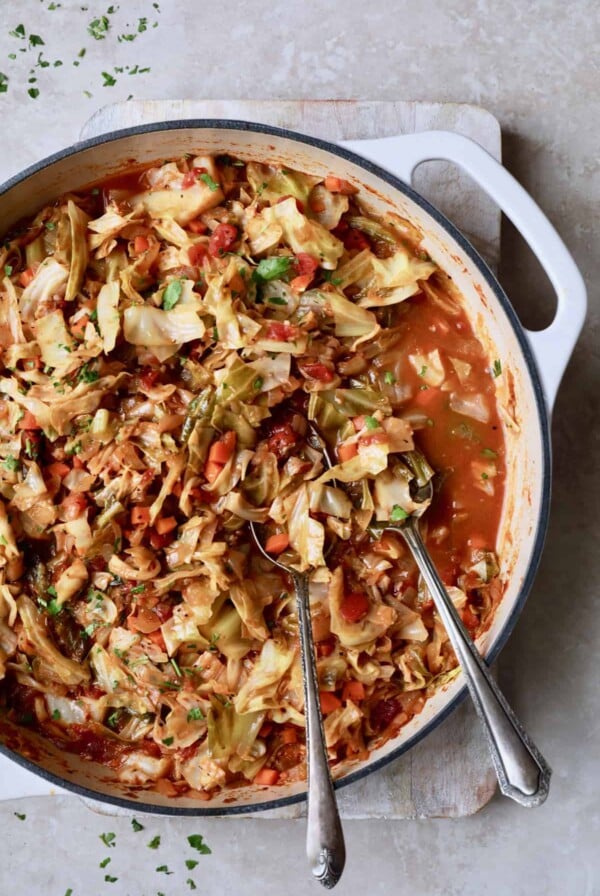 Polish Stewed Cabbage (Kapusta) - Overhead shot of finished dish with utensils