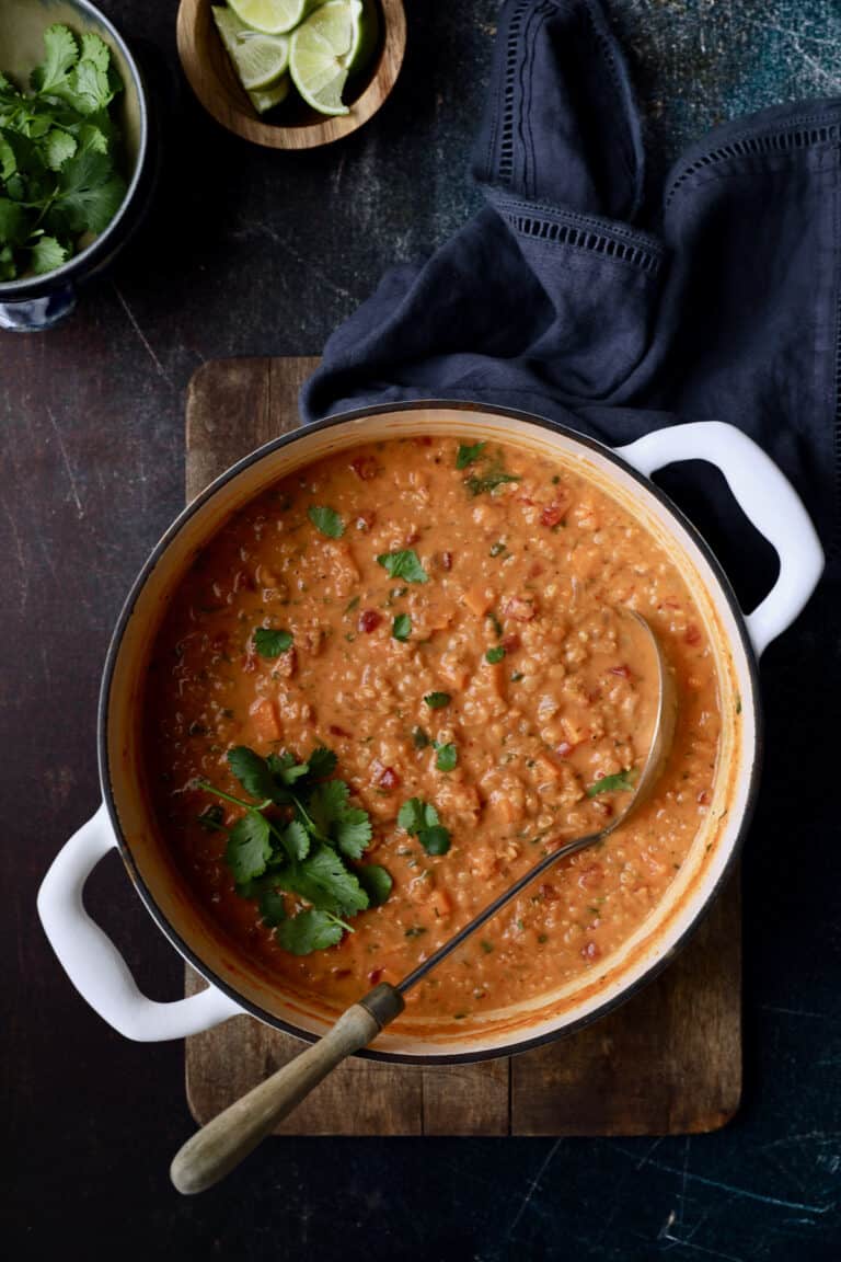 Thai Red Curry Lentil Soup Recipe with Sweet Potatoes