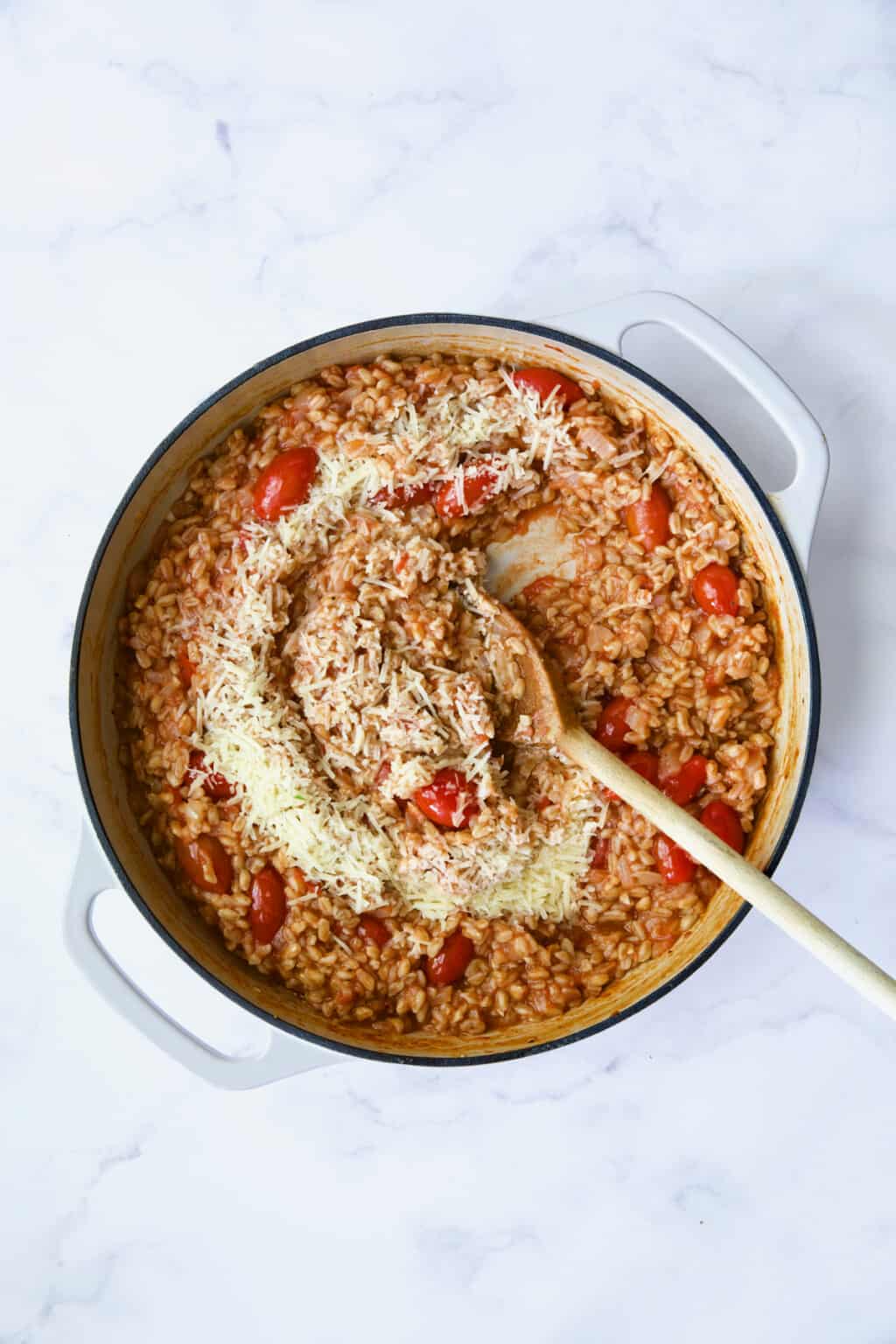 Tomato Farro Risotto Recipe with Basil and Parmesan