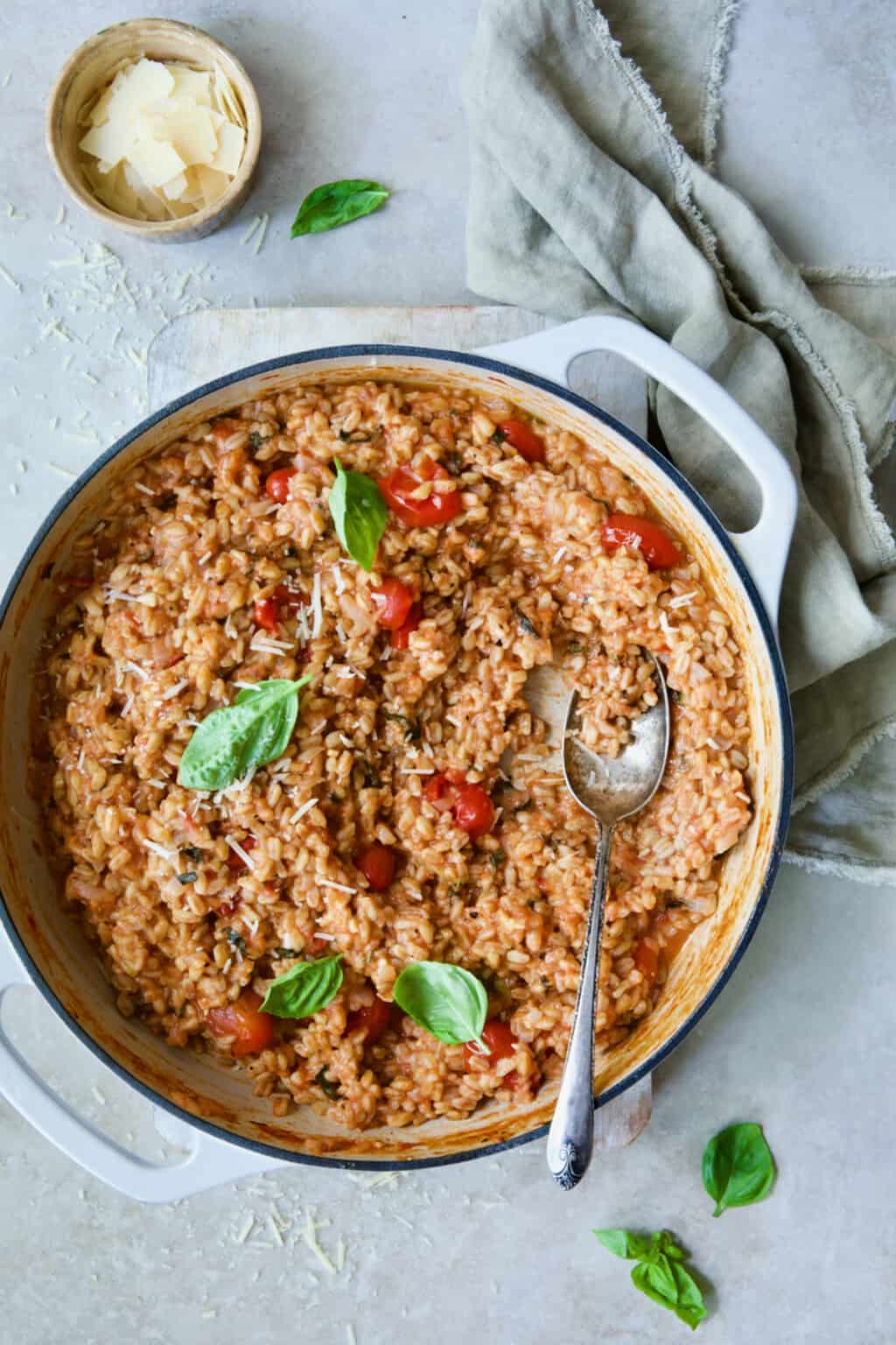 Tomato Farro Risotto Recipe with Basil and Parmesan