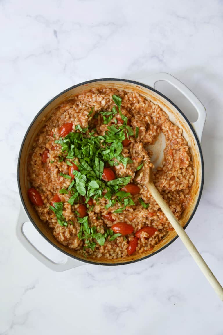 Tomato Farro Risotto Recipe with Basil and Parmesan