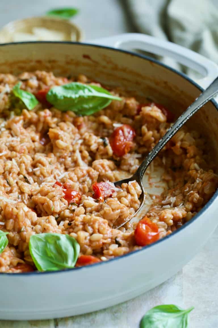 Tomato Farro Risotto Recipe with Basil and Parmesan