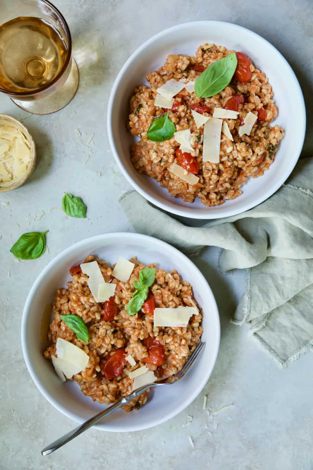 Tomato Farro Risotto Recipe with Basil and Parmesan