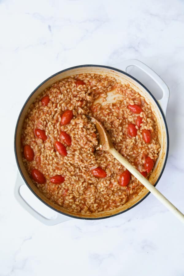 Tomato Farro Risotto Recipe with Basil and Parmesan
