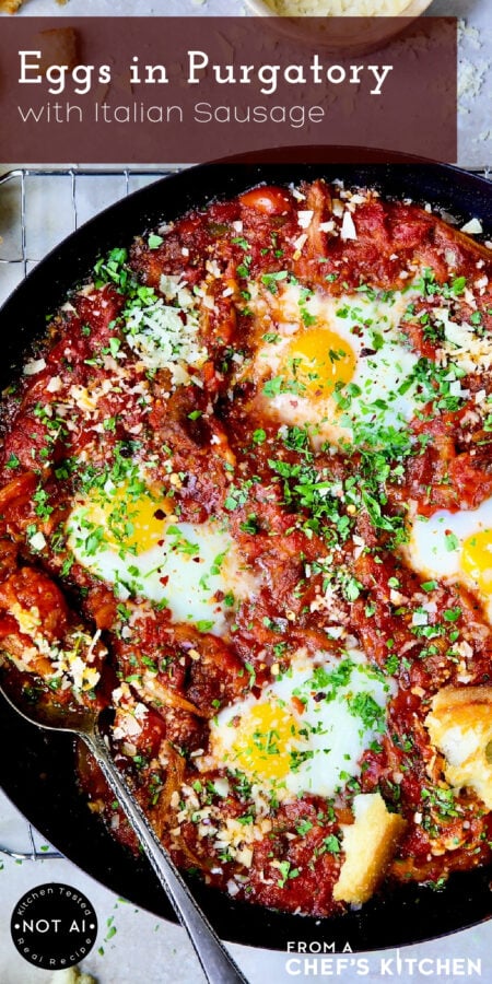Pinterest graphic for Eggs in Purgatory with Italian Sausage showing it in a black cast iron skillet.