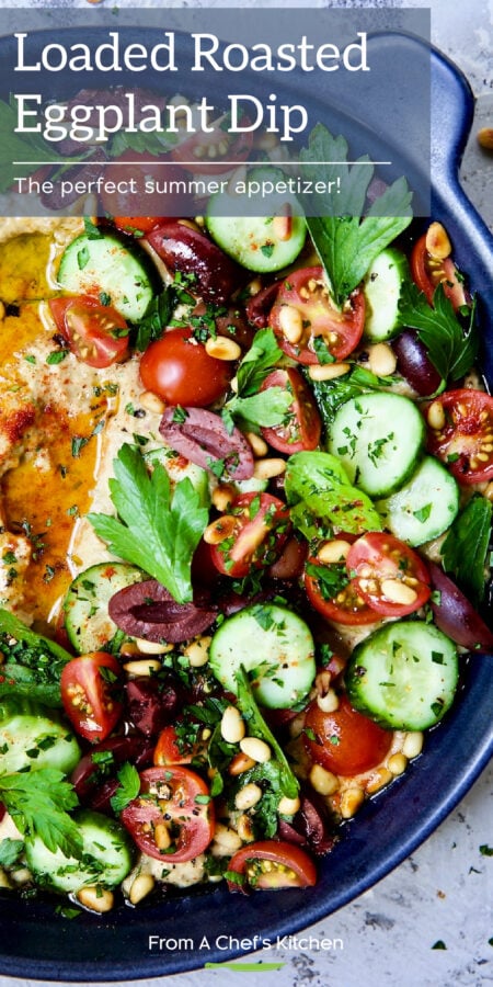 Pinterest graphic for Loaded Roasted Eggplant Dip showing it in a blue bowl.
