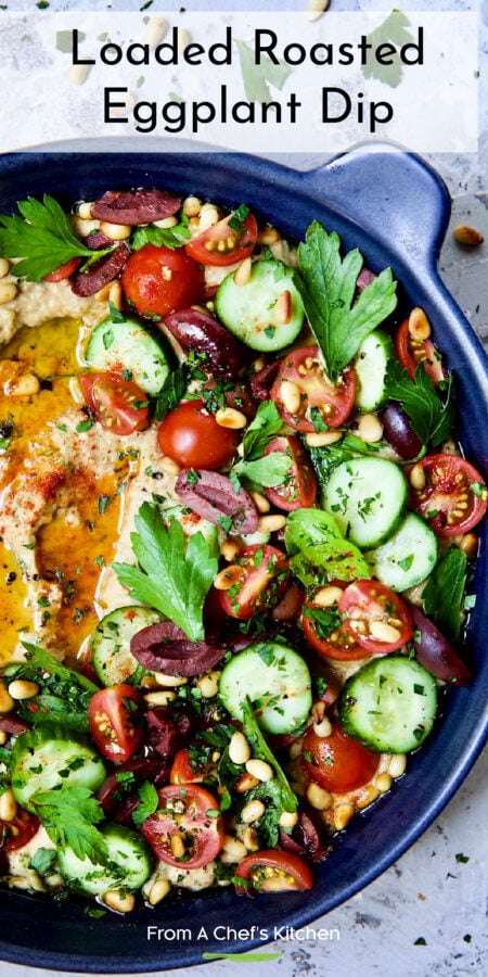 Pinterest graphic for Loaded Roasted Eggplant Dip showing it in a blue bowl.