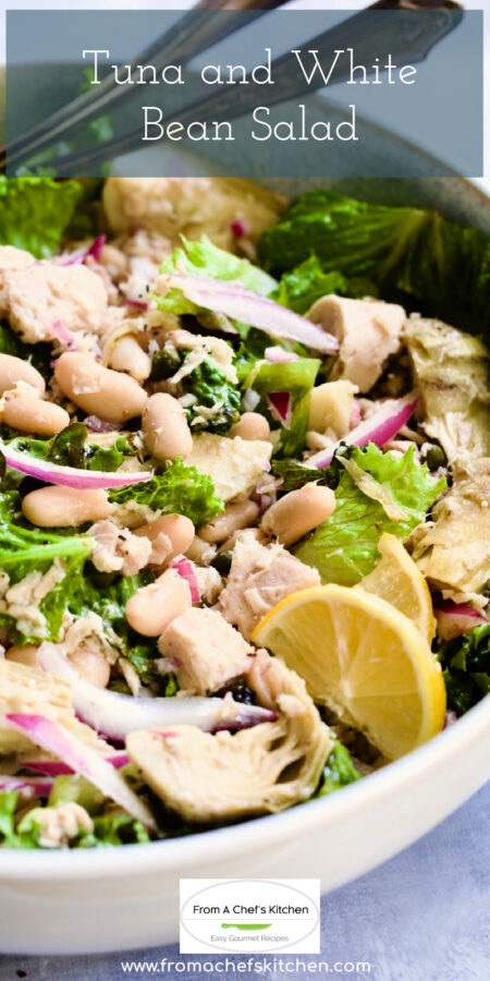 Pinterest graphic for Tuna and White Bean Salad showing it in a white serving bowl.