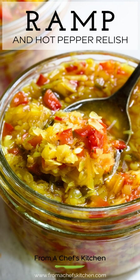 Pinterest graphic for Ramp and Hot Pepper Relish showing a spoon scooping some out of a glass jar.