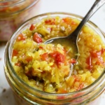 Ramp and Pepper Relish Recipe in glass jar.