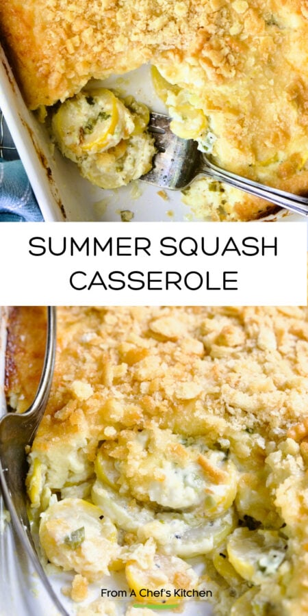 Pinterest graphic for Summer Squash Casserole showing two images of it in a white baking dish with some removed by serving fork.