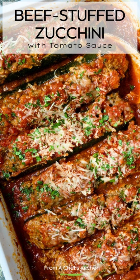 Pinterest graphic for Beef-Stuffed Zucchini showing six lined up in a white baking dish.