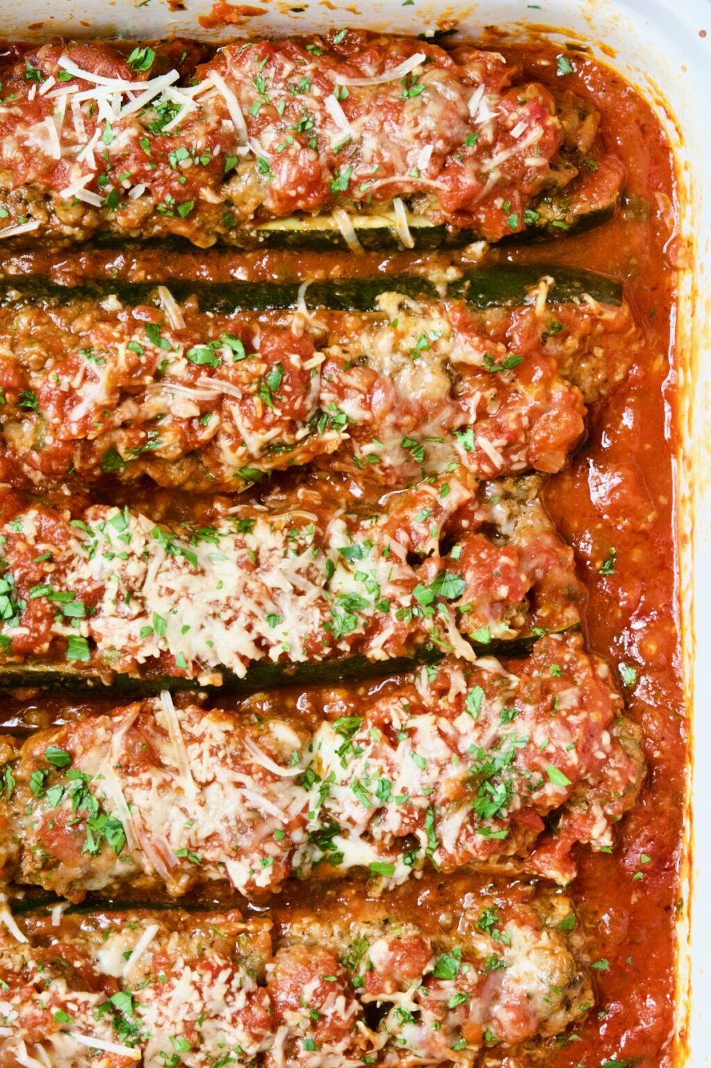 Beef Stuffed Zucchini with Tomato Sauce From A Chef's Kitchen