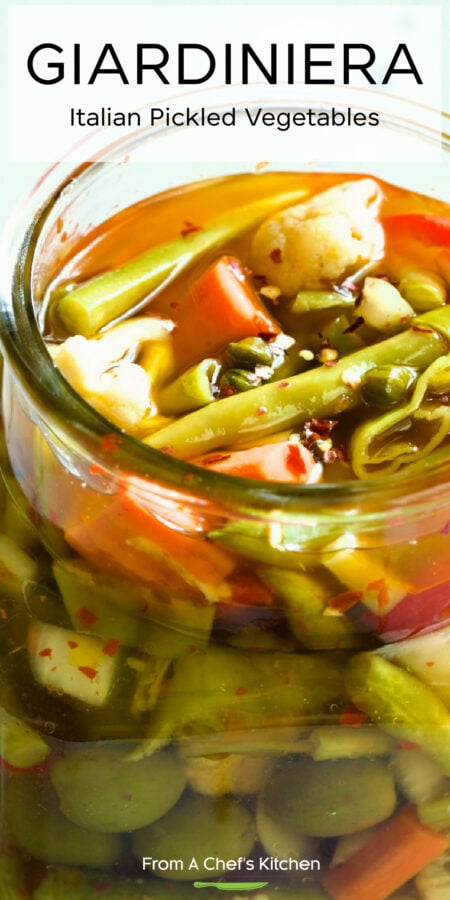 Pinterest graphic for Giardiniera Italian Pickled Vegetables showing it in a glass jar.
