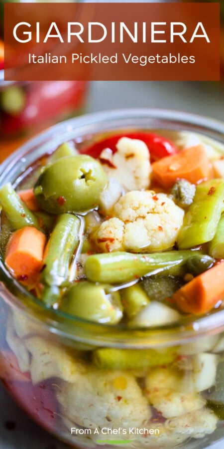 Pinterest graphic for Giardiniera Italian Pickled Vegetables showing it in a glass jar.