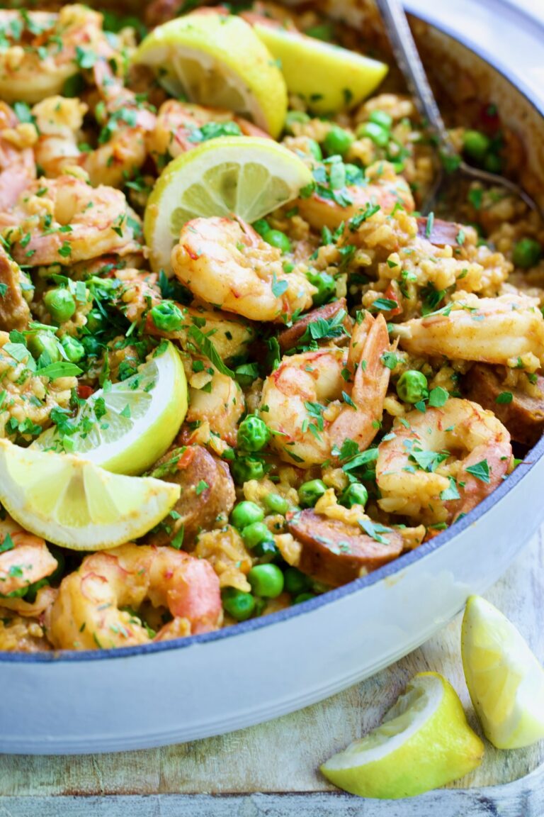 Brown Rice Shrimp Paella Recipe with Chorizo
