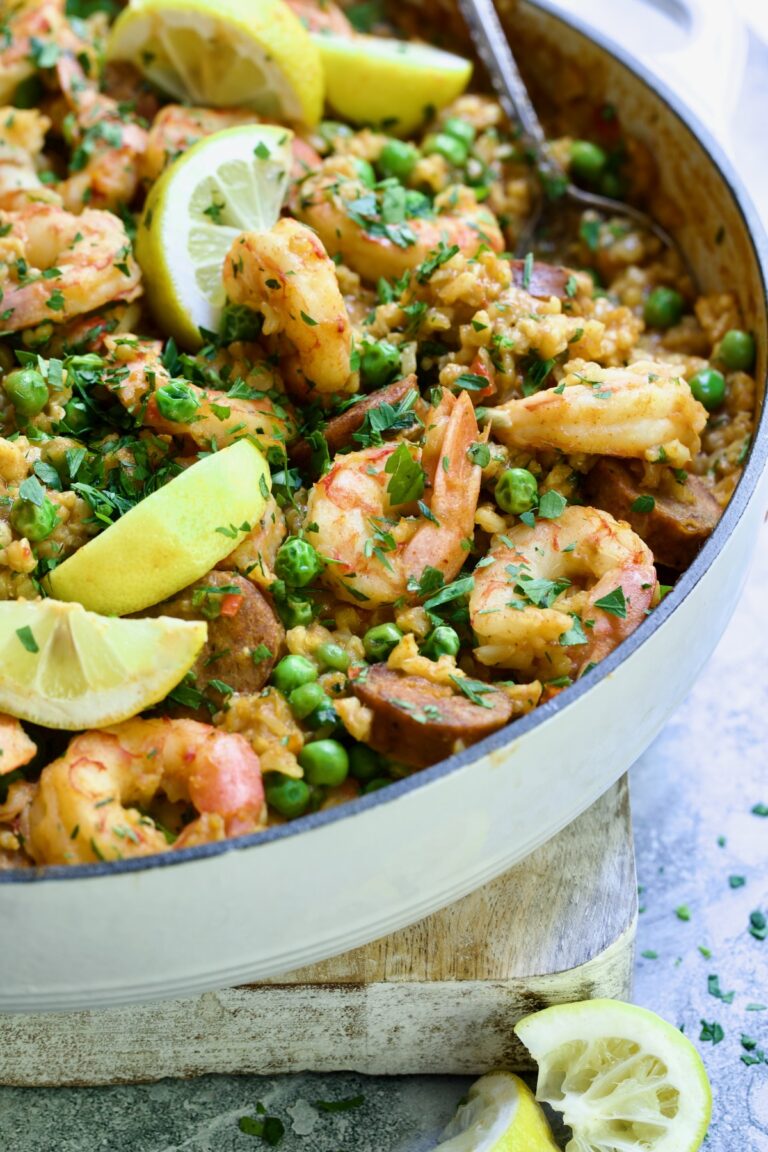 Brown Rice Shrimp Paella Recipe with Chorizo