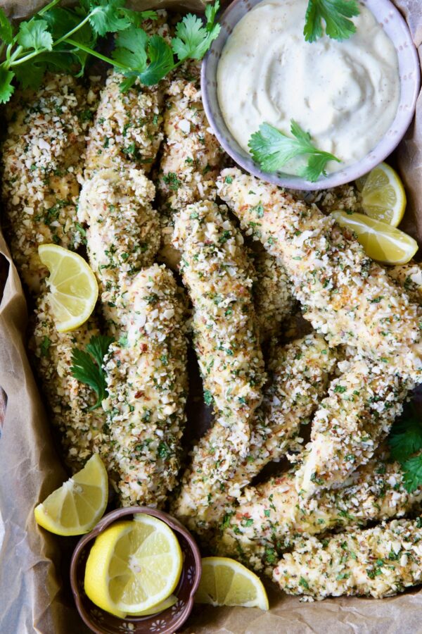 Almond Chicken Tenders Recipe with Lemon Curry Mayonnaise