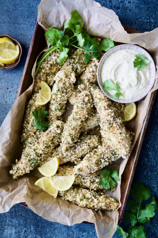 Almond Chicken Tenders Recipe with Lemon Curry Mayonnaise