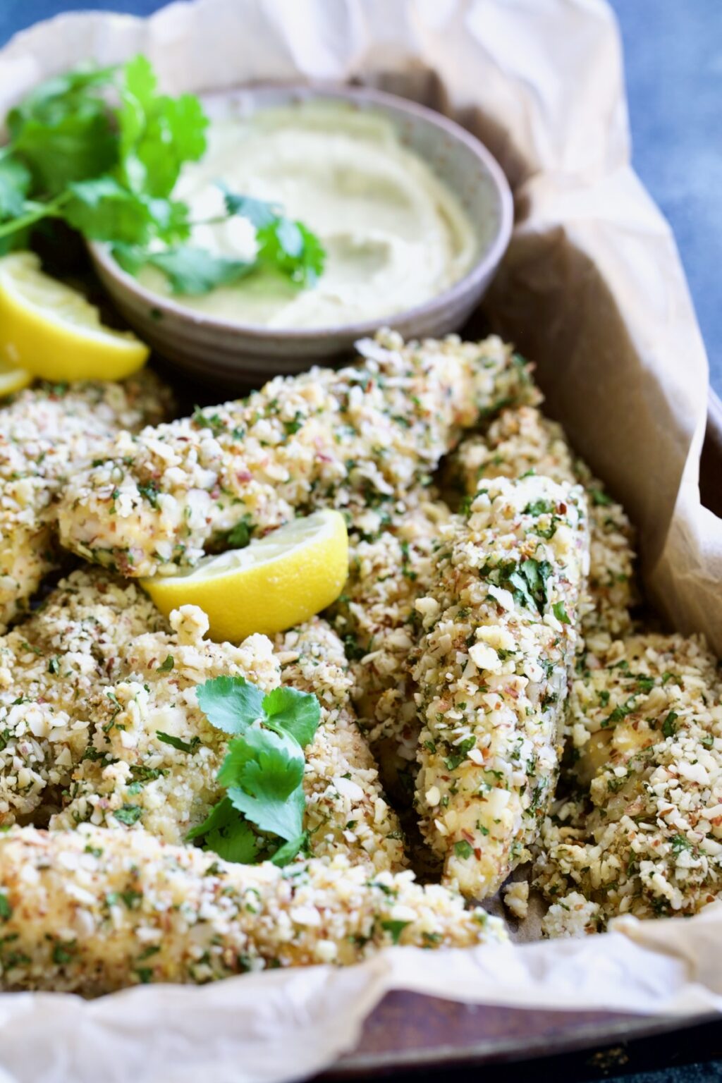 Almond Chicken Tenders Recipe with Lemon Curry Mayonnaise