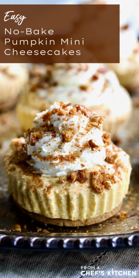 Pinterest graphic for No-Bake Mini Pumpkin Cheesecakes showing a close-up of one on a silver tray.
