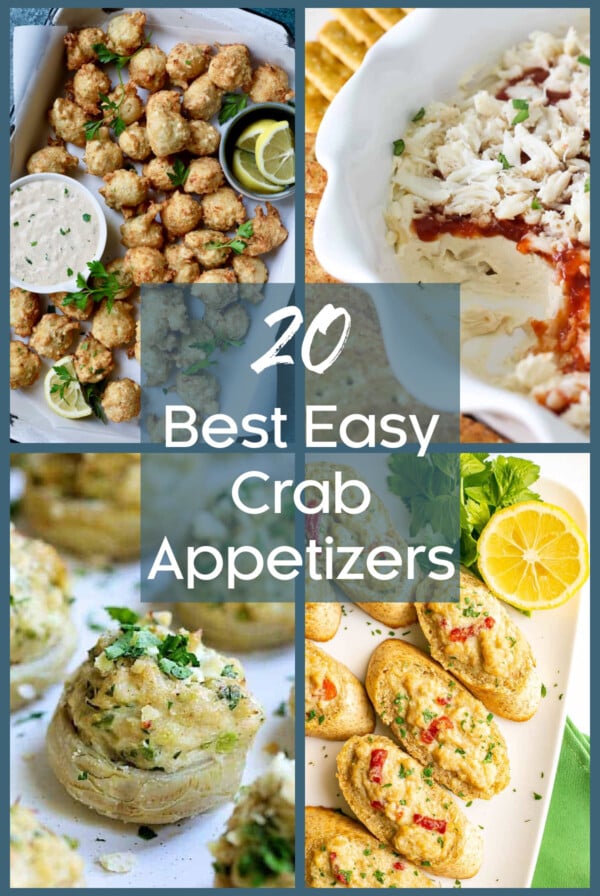 Collage of four crab appetizer recipes: Crab Beignets, Cold Crab Dip, Deviled Crab-Stuffed Artichoke Bottoms and Crab Melts.
