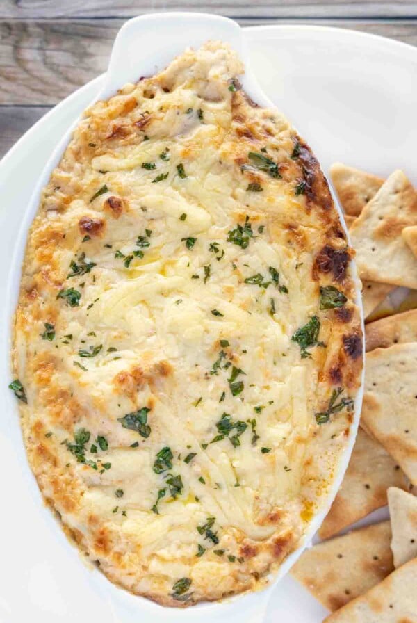 Hot Crab Dip in oval baking dish.
