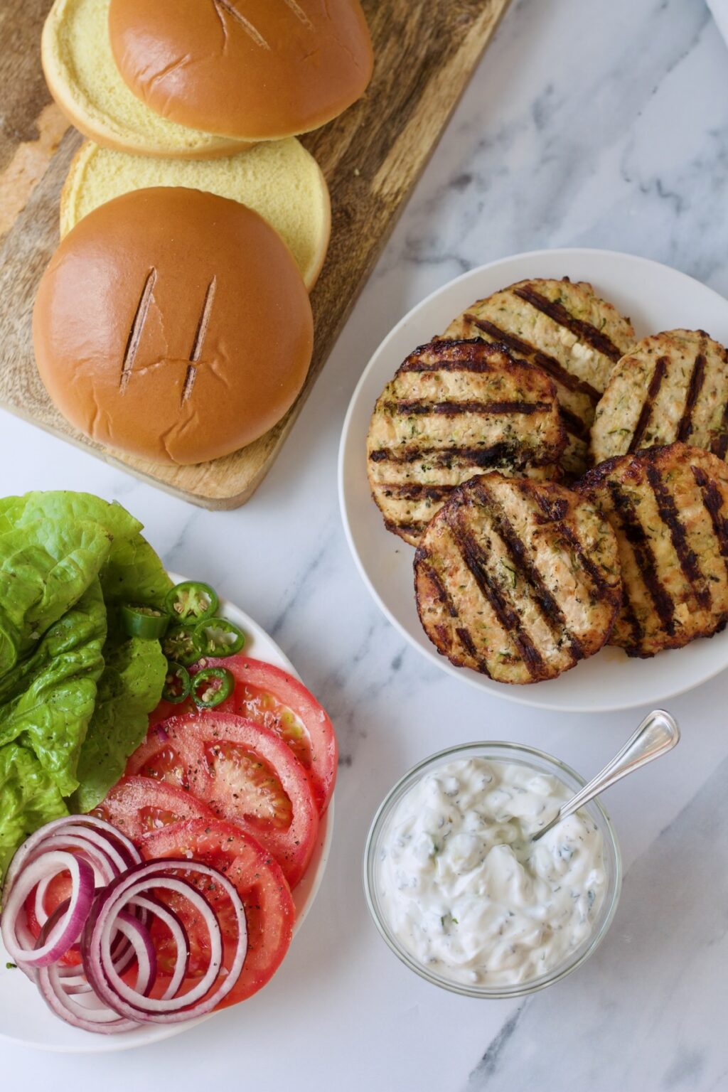 Ground Chicken Burgers with Spicy Tzatziki