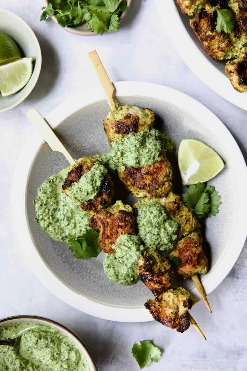 YogurtMarinated Grilled Chicken Skewers & Cilantro Mint Chutney