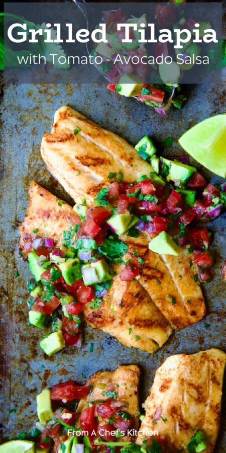 Pinterest graphic for Grilled Tilapia with Tomato Avocado Salsa.