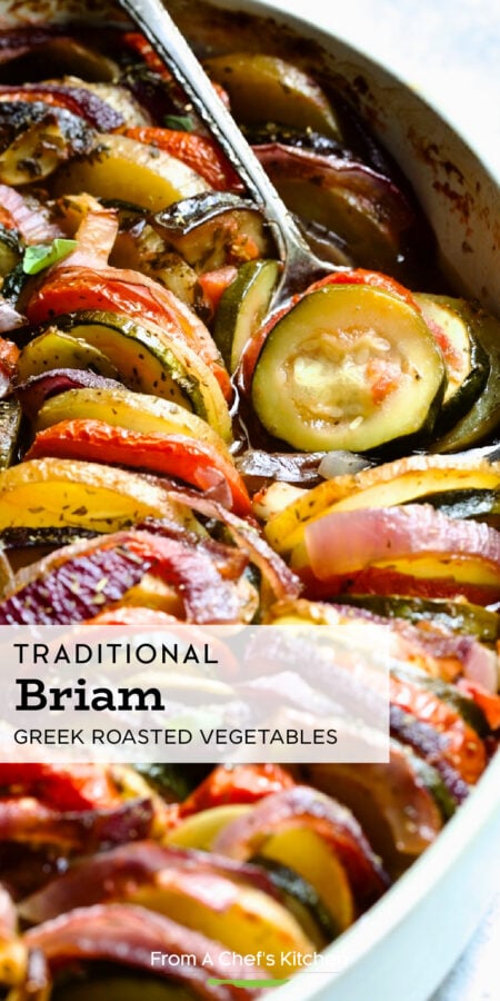 Pinterest graphic for Traditional Briam (Greek Roasted Vegetables) showing them in an oval white baking dish with serving spoon.