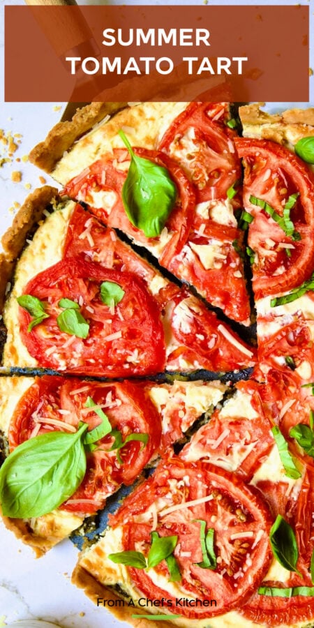 Pinterest graphic for tomato tart showing it cut into wedges with a pie server picking up a piece.