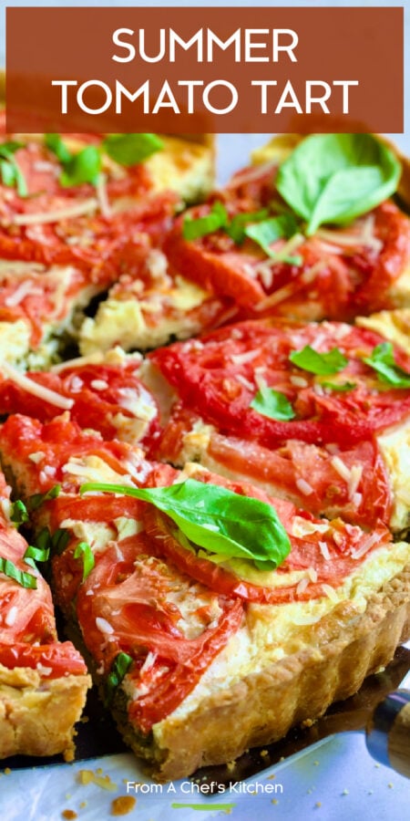 Pinterest graphic for tomato tart showing it cut into wedges with a pie server picking up a piece.