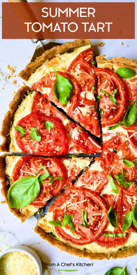 Pinterest graphic for tomato tart showing it cut into wedges with a pie server picking up a piece.
