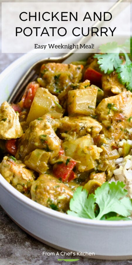 Pinterest graphic for Chicken and Potato Curry showing one serving in a white bowl.