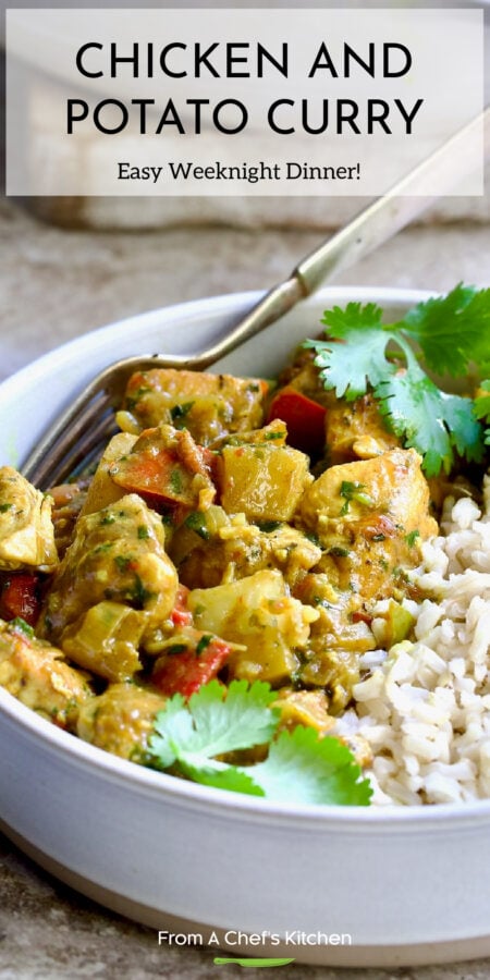 Pinterest graphic for Chicken and Potato Curry showing one serving in a white bowl.