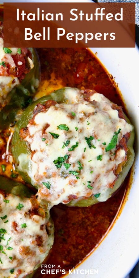Pinterest graphic for Italian Stuffed Bell Peppers showing a close-up of one in a white baking dish.