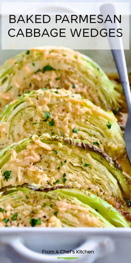 Pinterest graphic for Parmesan Roasted Cabbage Wedges showing four wedges in a white rectangular baking dish.