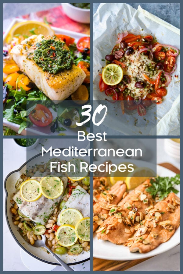 Collage of four fish recipes for 30 Best Mediterranean Fish Recipes.