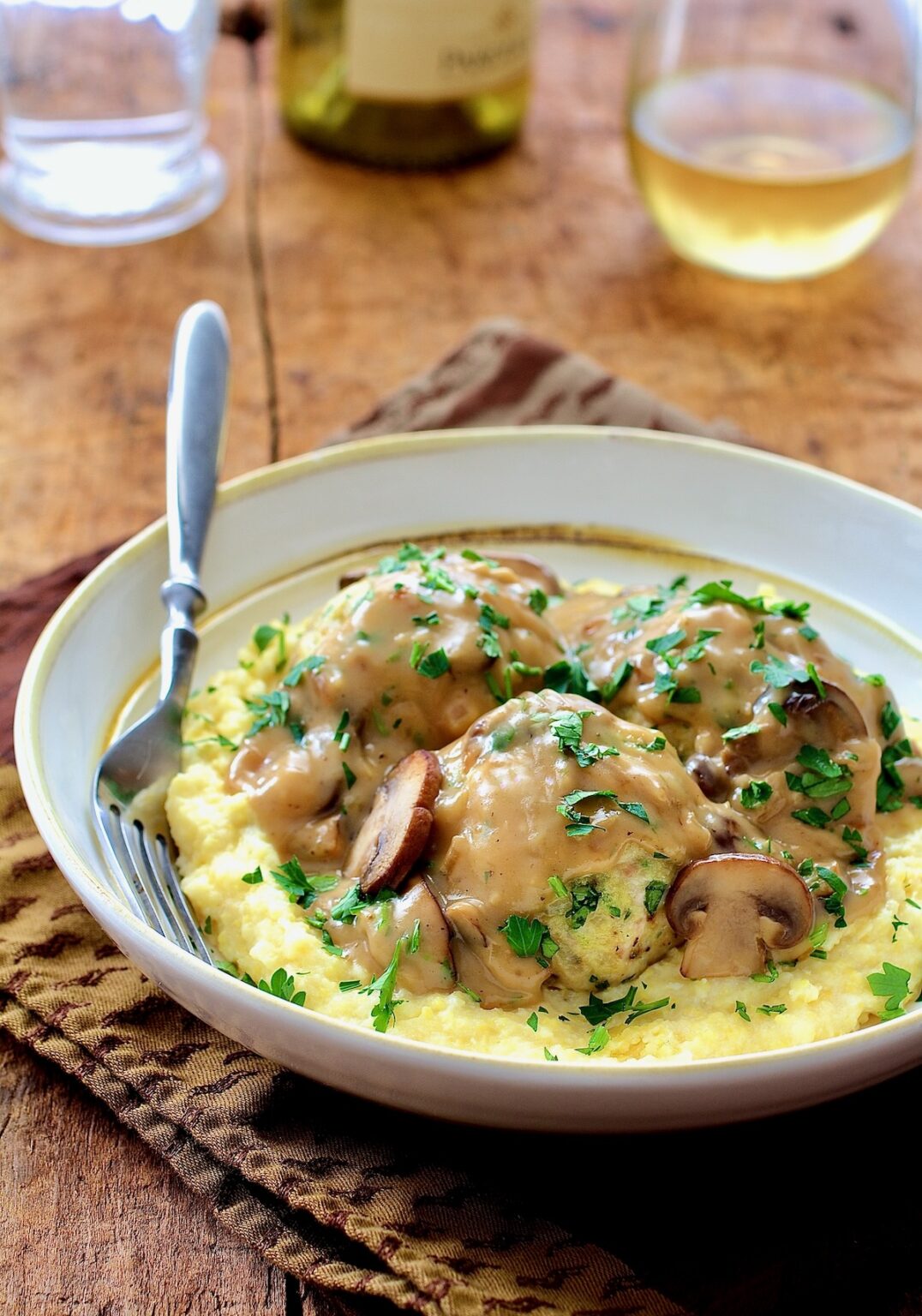 Chicken Marsala Meatballs with Parmesan Polenta